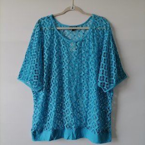 NWT Lisa International Womens Blue Short Sleeve Round Neck Blouse Top Size 2X